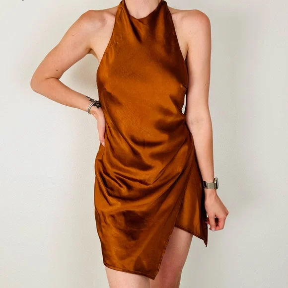New Hello Molly bronze mini halter dress open back - Picture 4 of 11